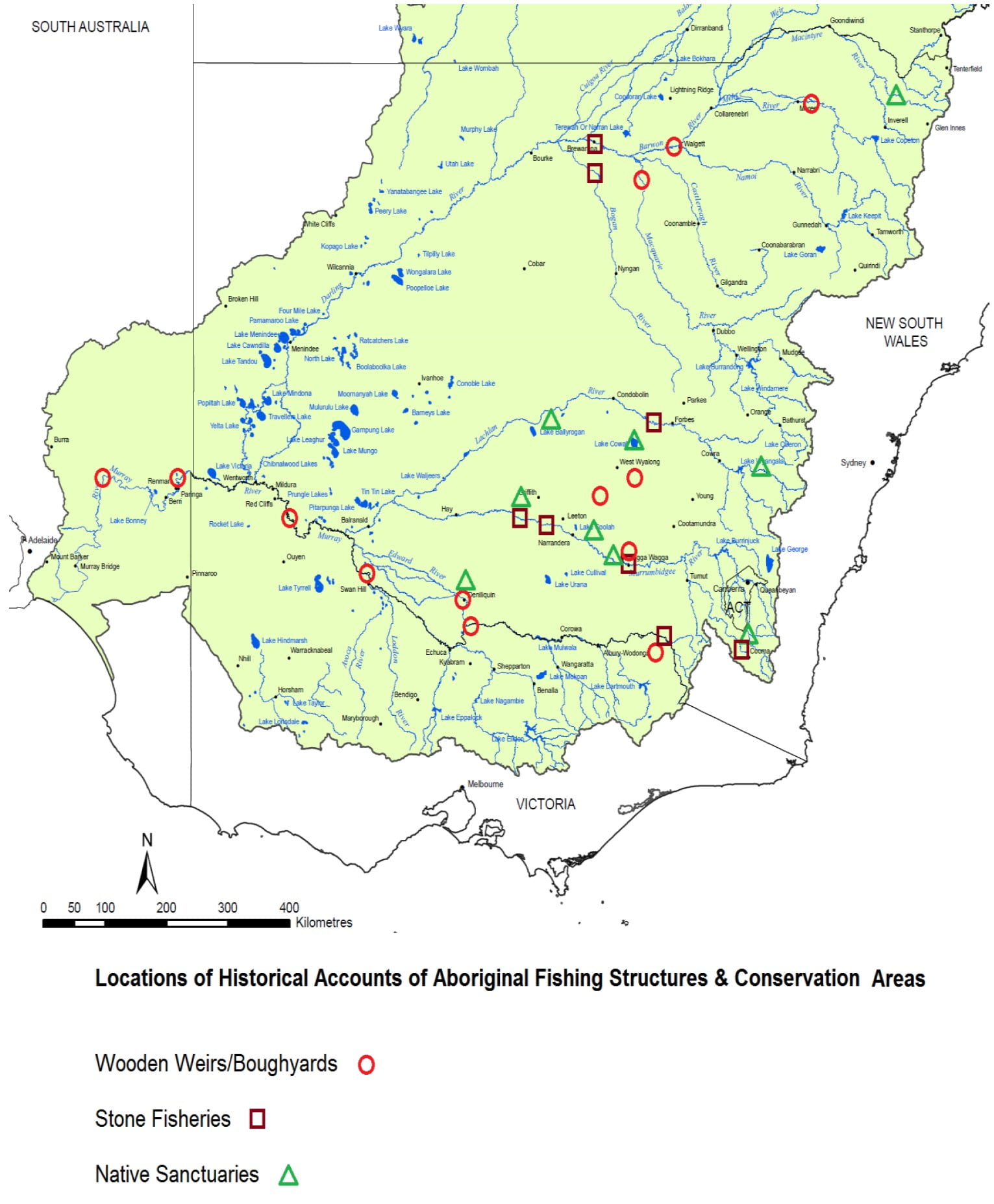 Locations of historical accounts of Aboriginal fishing structures and conservation areas