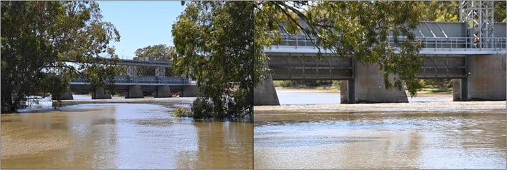 The Menindee Main Weir is pictured open on a bright sunny day.