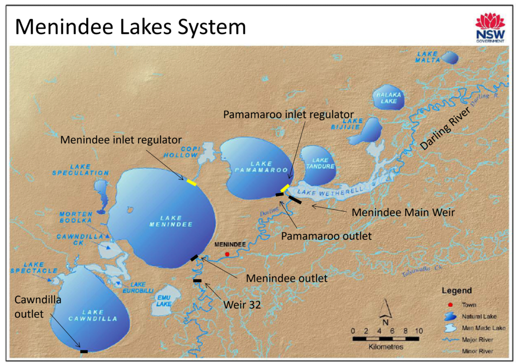 A map of the Menindee Lakes System in far west NSW. Pictured are Mamamaroo Lake, Lake Menindee, and Lake Cawndilla, as well as Lake Tandure, Lake Wetherell, and Ralaka Lake.